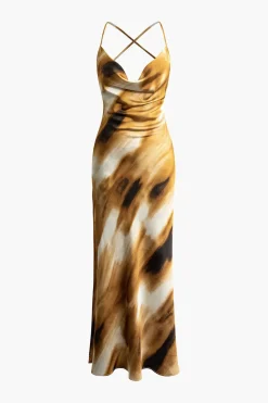 MICAS Maxi Dresses-Abstract Print Cowl Neck Backless Slit Slip Maxi Dress MULTICOLOR
