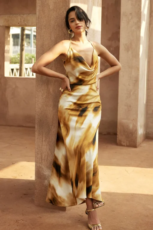 MICAS Maxi Dresses-Abstract Print Cowl Neck Backless Slit Slip Maxi Dress MULTICOLOR