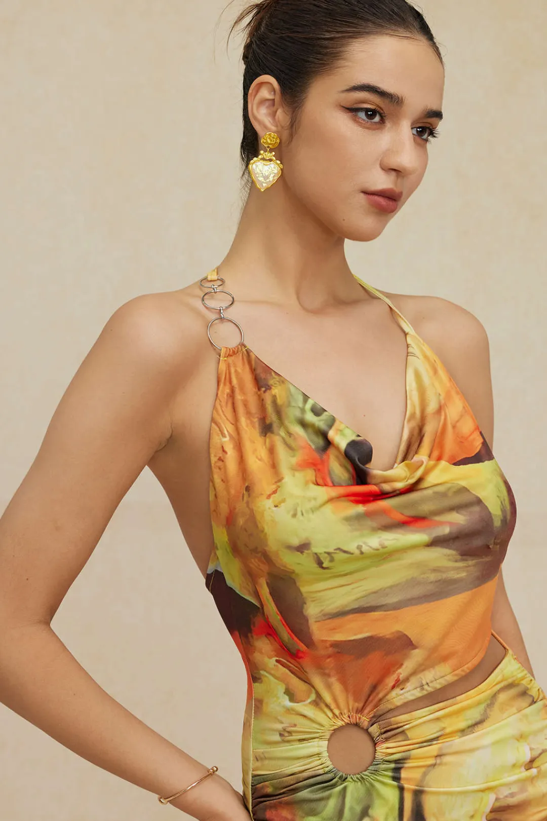 MICAS Mini Dresses-Abstract Print Halter Cowl Neck Slit Mini Dress