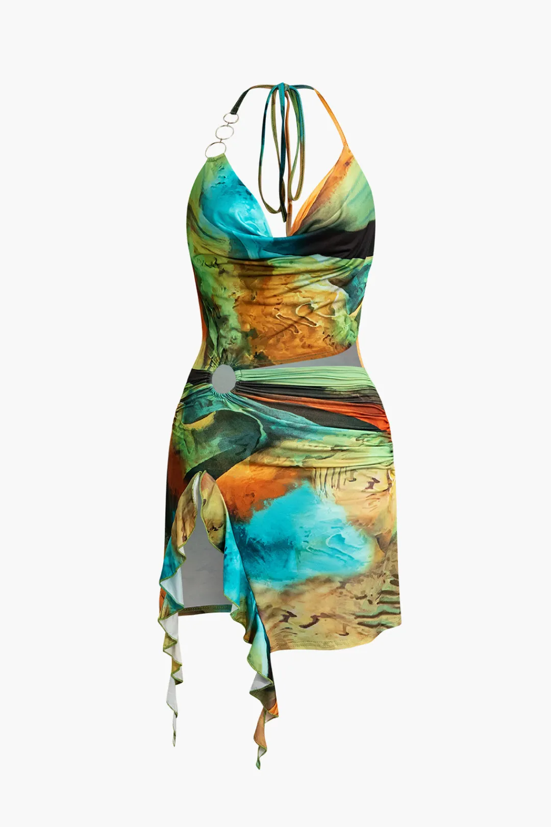 MICAS Mini Dresses-Abstract Print Halter Cowl Neck Slit Mini Dress