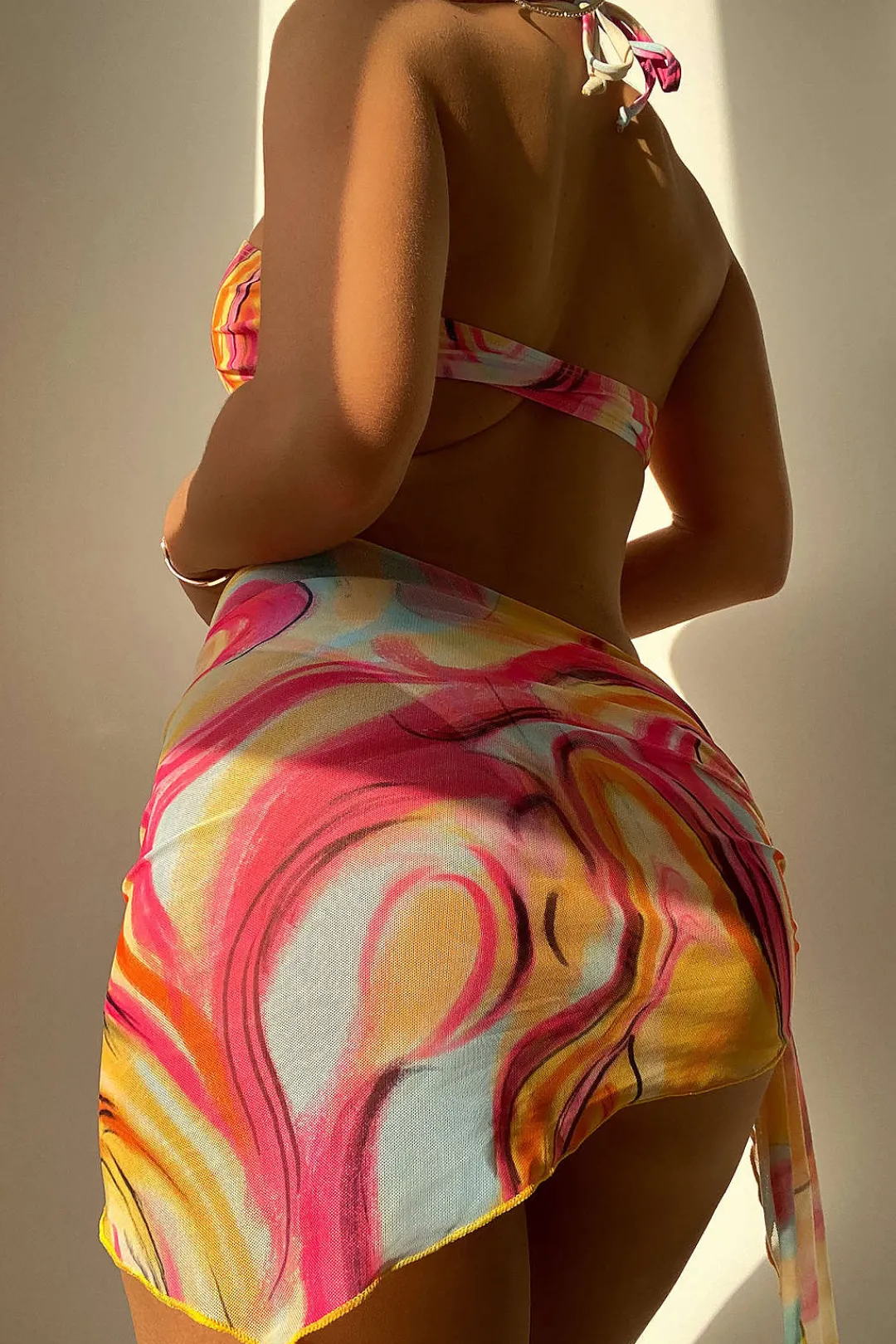 MICAS Swimwear|Vacation Sets-Abstract Print Halter Tummy Control One-piece Swimsuit And Knot Mini Sarong Skirt Set MULTICOLOR