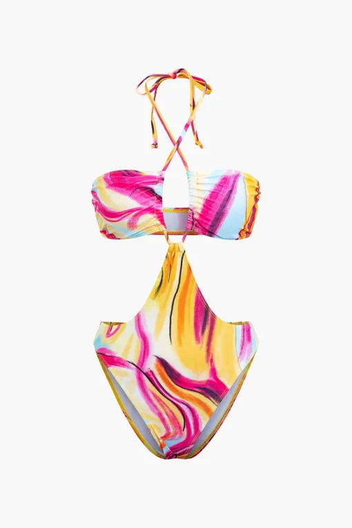 MICAS Swimwear|Vacation Sets-Abstract Print Halter Tummy Control One-piece Swimsuit And Knot Mini Sarong Skirt Set MULTICOLOR