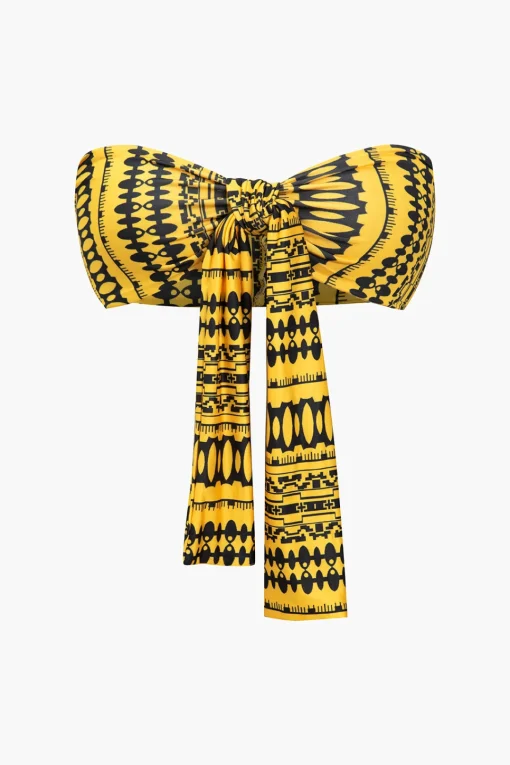 MICAS Pant Sets|Vacation Sets-Abstract Print Knot Tube Top And Wide Leg Trouser Set YELLOW