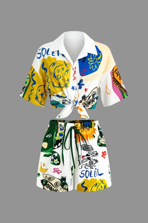 MICAS Short Sets|Vacation Sets-Abstract Print Knot-Front Shirt And Drawstring Shorts Set MULTICOLOR