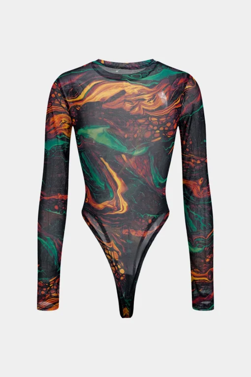 MICAS Bodysuits-Abstract Print Mesh Long Sleeve Bodysuit MULTICOLOR