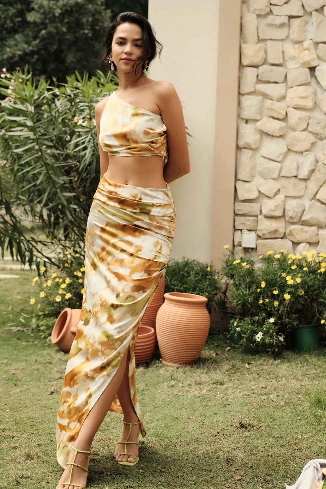 MICAS Skirts-Abstract Print Ruched Split Maxi Skirt Contrast Color