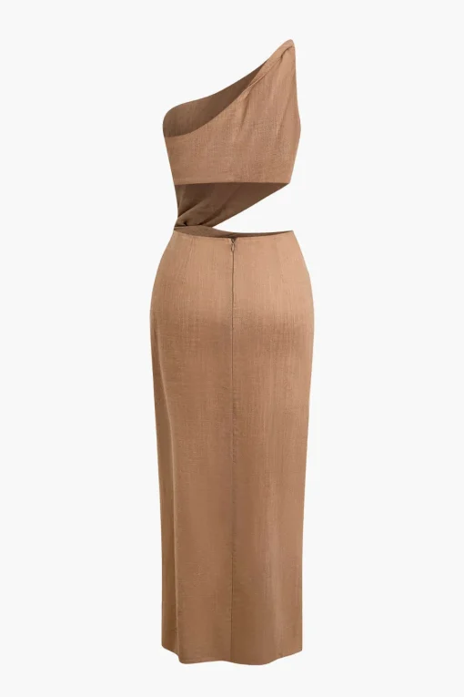 MICAS Maxi Dresses-Asymmetric Cut Out Ruched Twist Slit Maxi Dress TAN