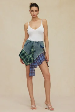 MICAS Skirts-Asymmetric Patchwork Denim Mini Skirt MULTICOLOR