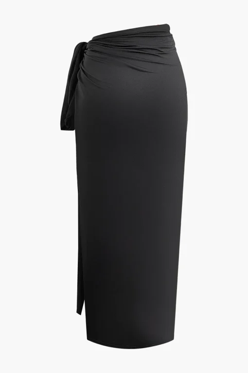 MICAS Skirt Sets-Asymmetric Ruched Cami Top And Tie Split Maxi Skirt Set BLACK