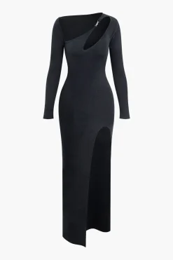 MICAS Knitwear|Knit Dresses-Asymmetrical Cut Out Long Sleeve Slit Knit Maxi Dress BLACK