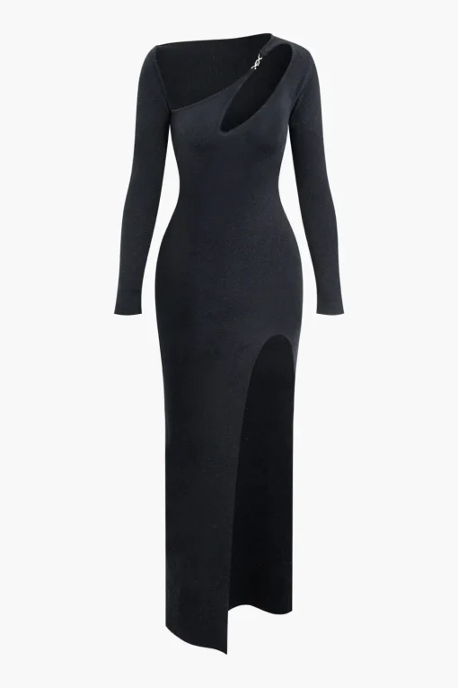 MICAS Knitwear|Knit Dresses-Asymmetrical Cut Out Long Sleeve Slit Knit Maxi Dress BLACK