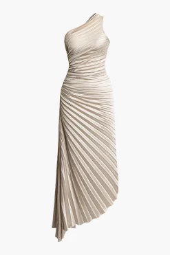 MICAS Midi Dresses-Asymmetrical One Shoulder Pleated Midi Dress