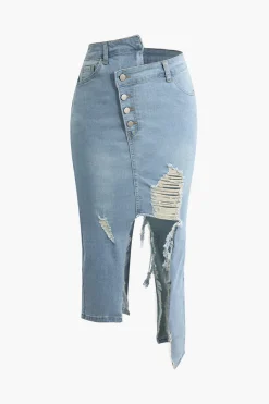 MICAS Skirts-Asymmetrical Ripped Denim Midi Skirt LIGHT WASH BLUE
