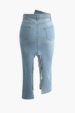 MICAS Skirts-Asymmetrical Ripped Denim Midi Skirt LIGHT WASH BLUE