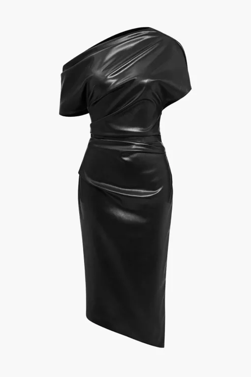 MICAS Midi Dresses-Asymmetrical Shoulder Faux Leather Bodycon Dress