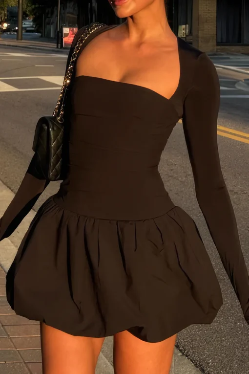 MICAS Long Sleeve Dresses|Mini Dresses-Backless Cut Out Square Neck Mini Dress BLACK