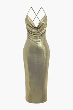 MICAS Midi Dresses-Backless Draped Cowl Neck Midi Dress CHAMPAGNE