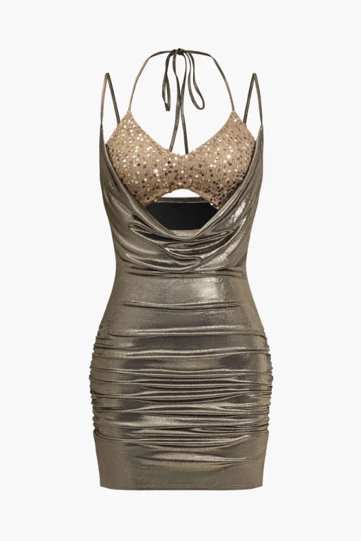 MICAS Mini Dresses-Backless Tie-Up Sequin Mini Dress PURE GOLD