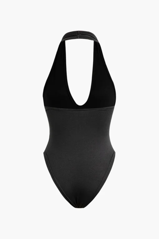 MICAS Bodysuits-Basic Halter Neck Deep V Neck Sleeveless Bodysuit BLACK