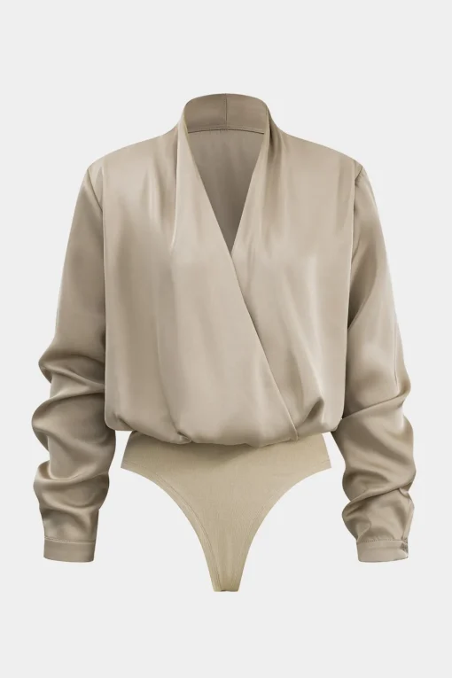 MICAS Bodysuits-Basic Satin Long Sleeve Bodysuit BEIGE