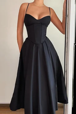 MICAS Midi Dresses-Basic Solid Corset Midi Dress BLACK