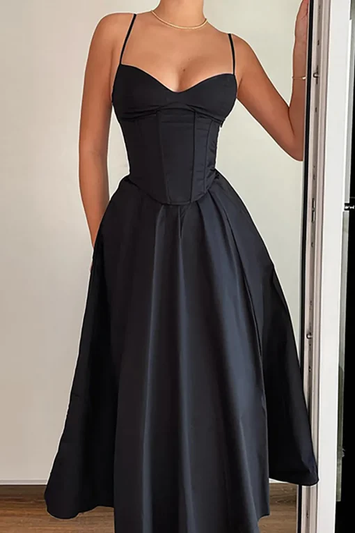 MICAS Midi Dresses-Basic Solid Corset Midi Dress BLACK