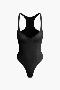 MICAS Bodysuits|Corset & Bustier Tops-Basic Solid Deep-V Neck Bustier Bodysuit