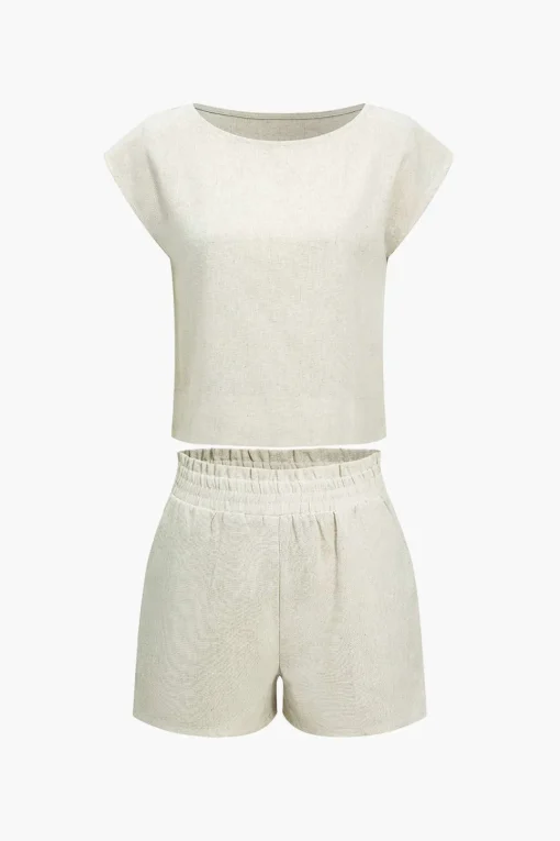 MICAS Short Sets-Basic Solid Linen Casual Shorts Set BEIGE