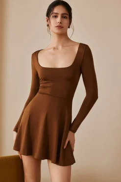 MICAS Long Sleeve Dresses|Mini Dresses-Basic Solid Long Sleeves U-Neck A-Line Mini Dress BROWN