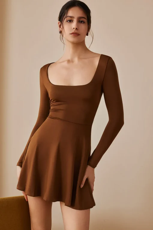 MICAS Long Sleeve Dresses|Mini Dresses-Basic Solid Long Sleeves U-Neck A-Line Mini Dress BROWN