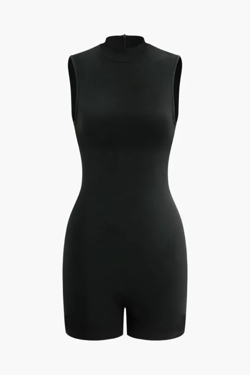 MICAS Jumpsuits & Rompers-Basic Solid Mock Neck Unitard Sleeveless Romper BLACK