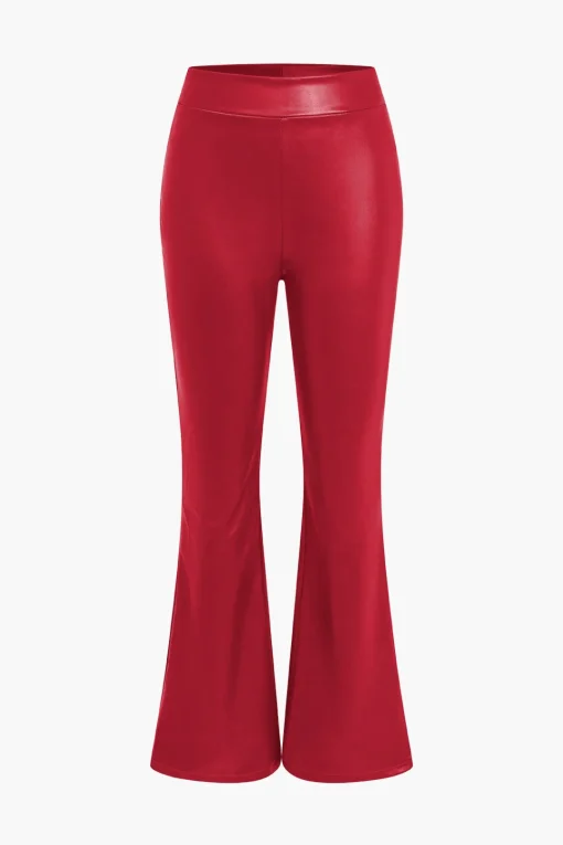 MICAS Pants-Basic Solid Pu Leather High-Waisted Flared Trousers