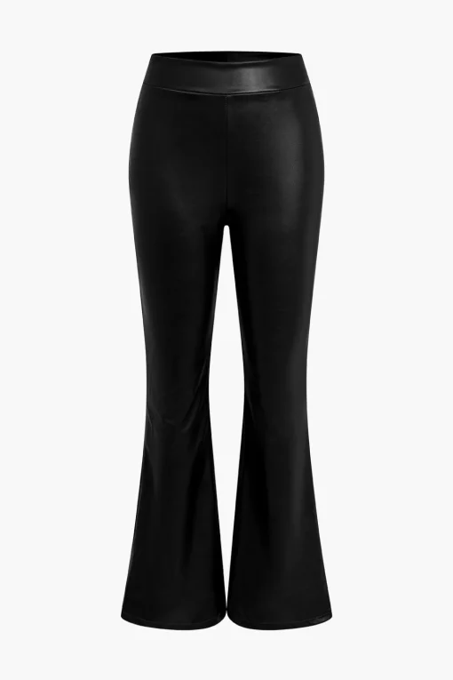 MICAS Pants-Basic Solid Pu Leather High-Waisted Flared Trousers