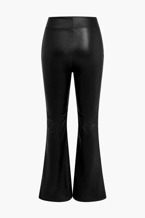 MICAS Pants-Basic Solid Pu Leather High-Waisted Flared Trousers