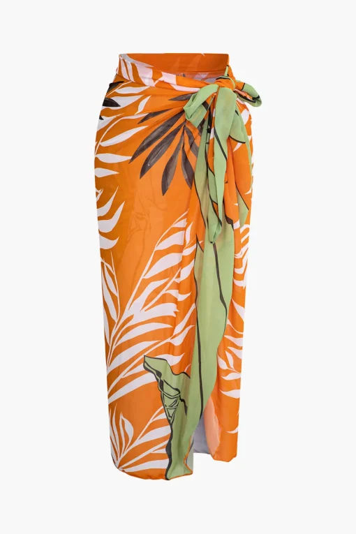 MICAS Swimwear-Bead Cut Out One Shoulder Swimsuit And Leaves Print Wrap Skirt Set MULTICOLOR
