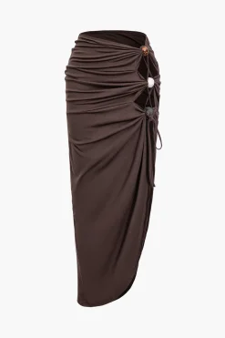 MICAS Skirts-Bead Detail Cut Out Ruched Split Maxi Skirt COFFEE