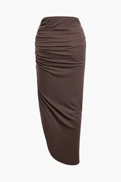 MICAS Skirts-Bead Detail Cut Out Ruched Split Maxi Skirt COFFEE