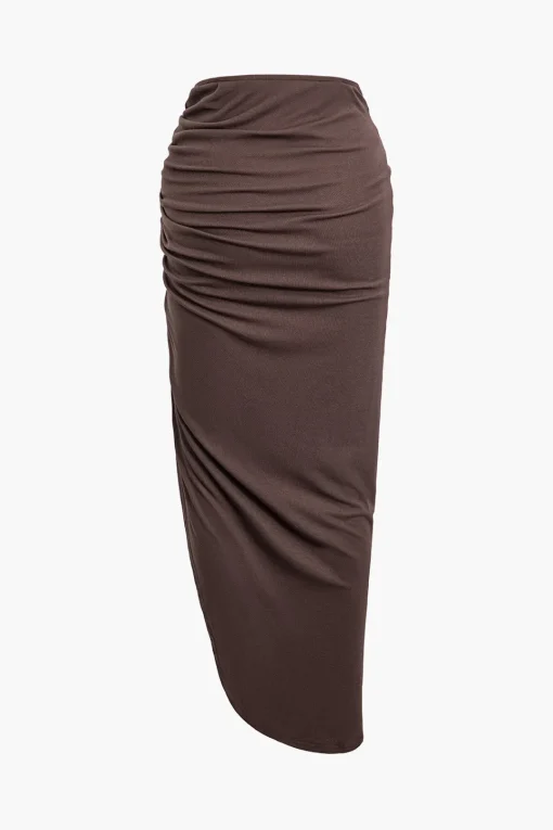 MICAS Skirts-Bead Detail Cut Out Ruched Split Maxi Skirt COFFEE