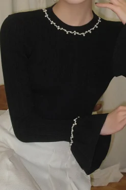 MICAS Long Sleeve Tops|Long Sleeves Tops-Beaded Round Neck Long-Sleeve Top BLACK