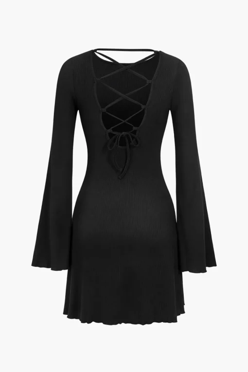 MICAS Mini Dresses|Long Sleeve Dresses-Bell Sleeve Back Lace Up Detail Mini Dress BLACK