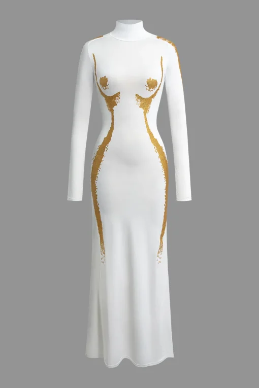 MICAS Long Sleeve Dresses|Maxi Dresses-Body Print Turtle Neck Long Sleeve Maxi Dress