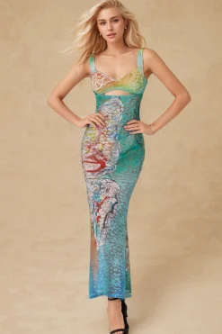 MICAS Maxi Dresses-Butterfly Print Cut Out Mesh Strap Maxi Dress SKY BLUE