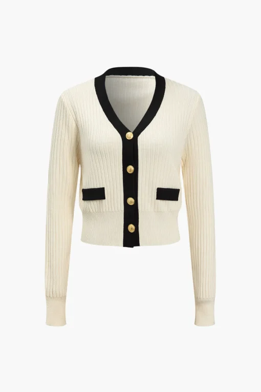MICAS Knitwear|Knit Tops-Button Color Block Sweater Long-Sleeve Top
