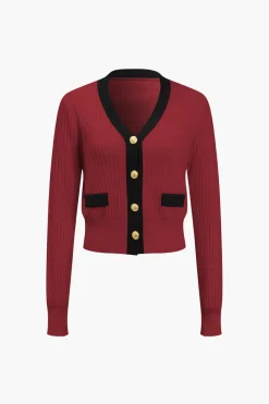 MICAS Knitwear|Knit Tops-Button Color Block Sweater Long-Sleeve Top
