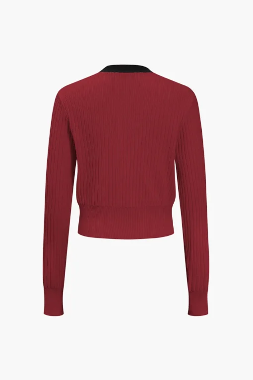 MICAS Knitwear|Knit Tops-Button Color Block Sweater Long-Sleeve Top