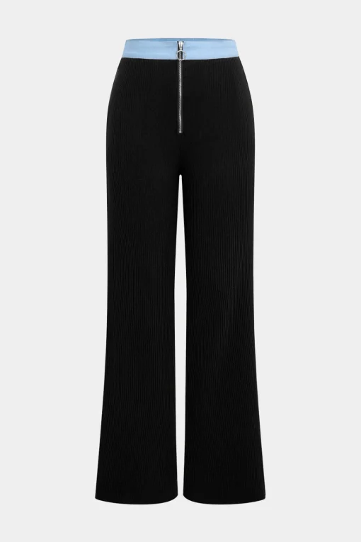MICAS Pant Sets-Button Patchwork Long Sleeve Top And Zipper Trousers Set