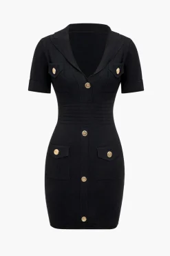 MICAS Midi Dresses-Button Pocket V-Neck Midi Dress BLACK