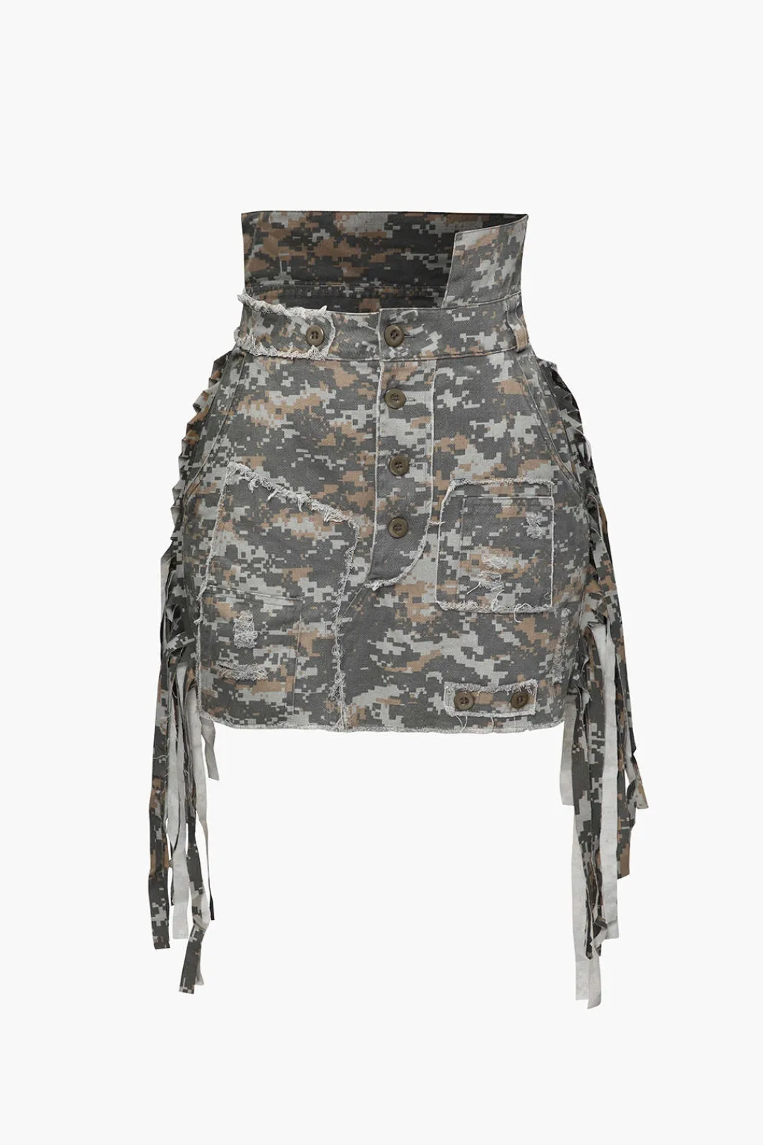 MICAS Skirts-Camo Frayed Patchwork Fringe Mini Skirt