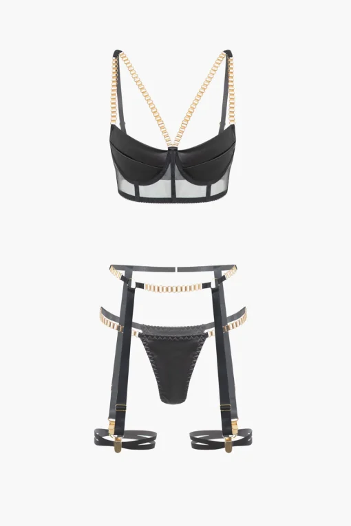 MICAS Lingerie & Sleepwear-Chain Bustier Contrast Mesh Lingerie Garter Set BLACK