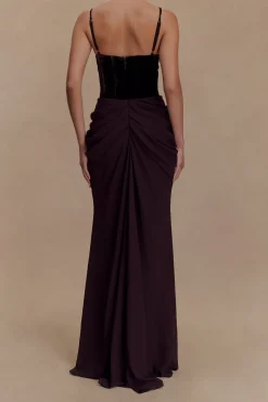 MICAS Maxi Dresses-Chiffon Velvet Patchwork Ruched V-Neck Sleeveless Maxi Dress BLACK